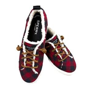 Sperry Pier Wave Buffalo Plaid Sneakers  Women's Size 6  Red Black  Sherpa Lined